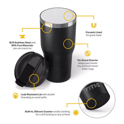 RTIC 30oz Essential Tumbler with Lid, Ceramic Lined, Insulated, Stainless Steel, Metal, Double Wall Vacuum-Insulation, Travel Cup for Iced Coffee, Tea, Hot and Cold Drink, Black