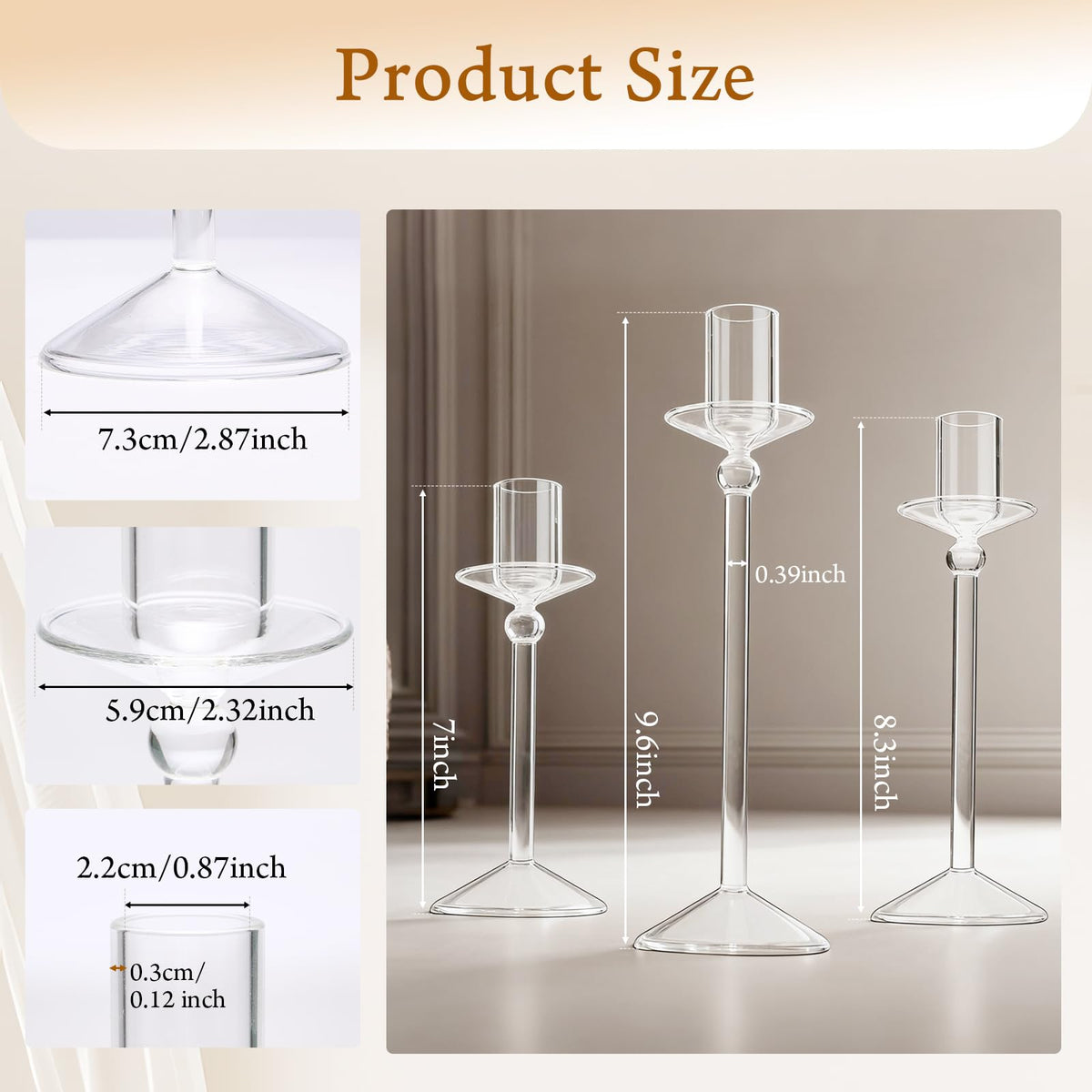 CHILL RECIPE Candle Holder Glass Taper Candlestick Holders with Built-in Candle Drip Protectors for Table Centerpiece Wedding Party (Clear 3Pcs)
