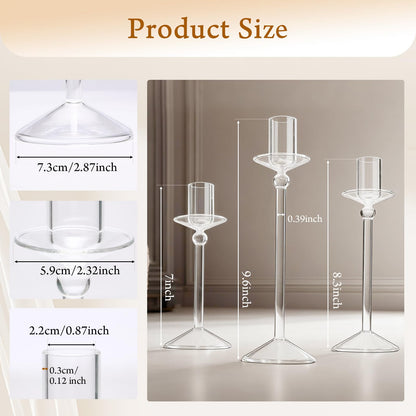 CHILL RECIPE Candle Holder Glass Taper Candlestick Holders with Built-in Candle Drip Protectors for Table Centerpiece Wedding Party (Clear 3Pcs)