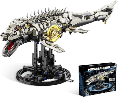 Mechanical Mosasaurus Building Set for Adults Dinosaur Building Block Set Compatible with Lego 1413PCS Ocean Animal Collection Toy with Display Stand and Light Home Office Decor Idea Gift