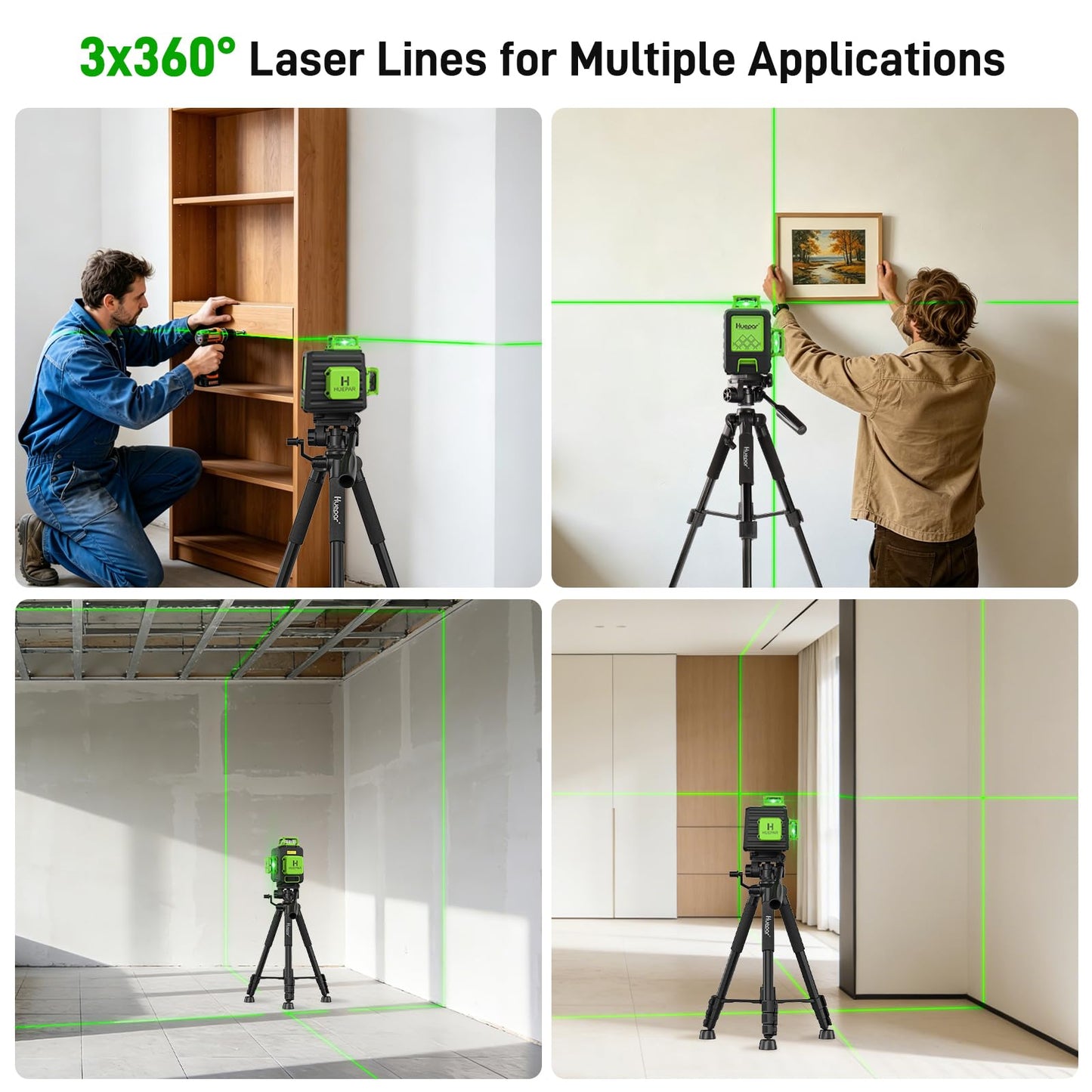 Laser Level 360 Self Leveling with 50" Tripod, Huepar 3x360° High Brightness Green Laser Leveler Tool for Construction, Tile and Picture Hanging, 5200 mAh Li-ion Battery & 2 Portable Bag Included
