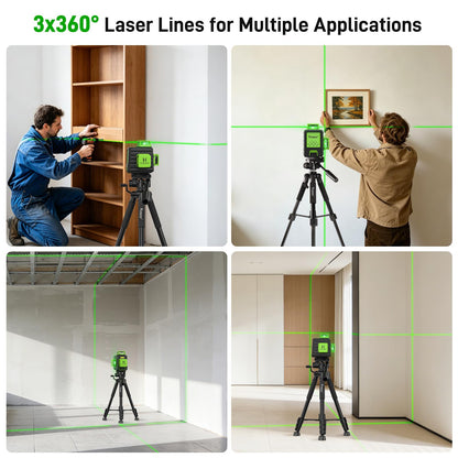 Laser Level 360 Self Leveling with 50" Tripod, Huepar 3x360° High Brightness Green Laser Leveler Tool for Construction, Tile and Picture Hanging, 5200 mAh Li-ion Battery & 2 Portable Bag Included