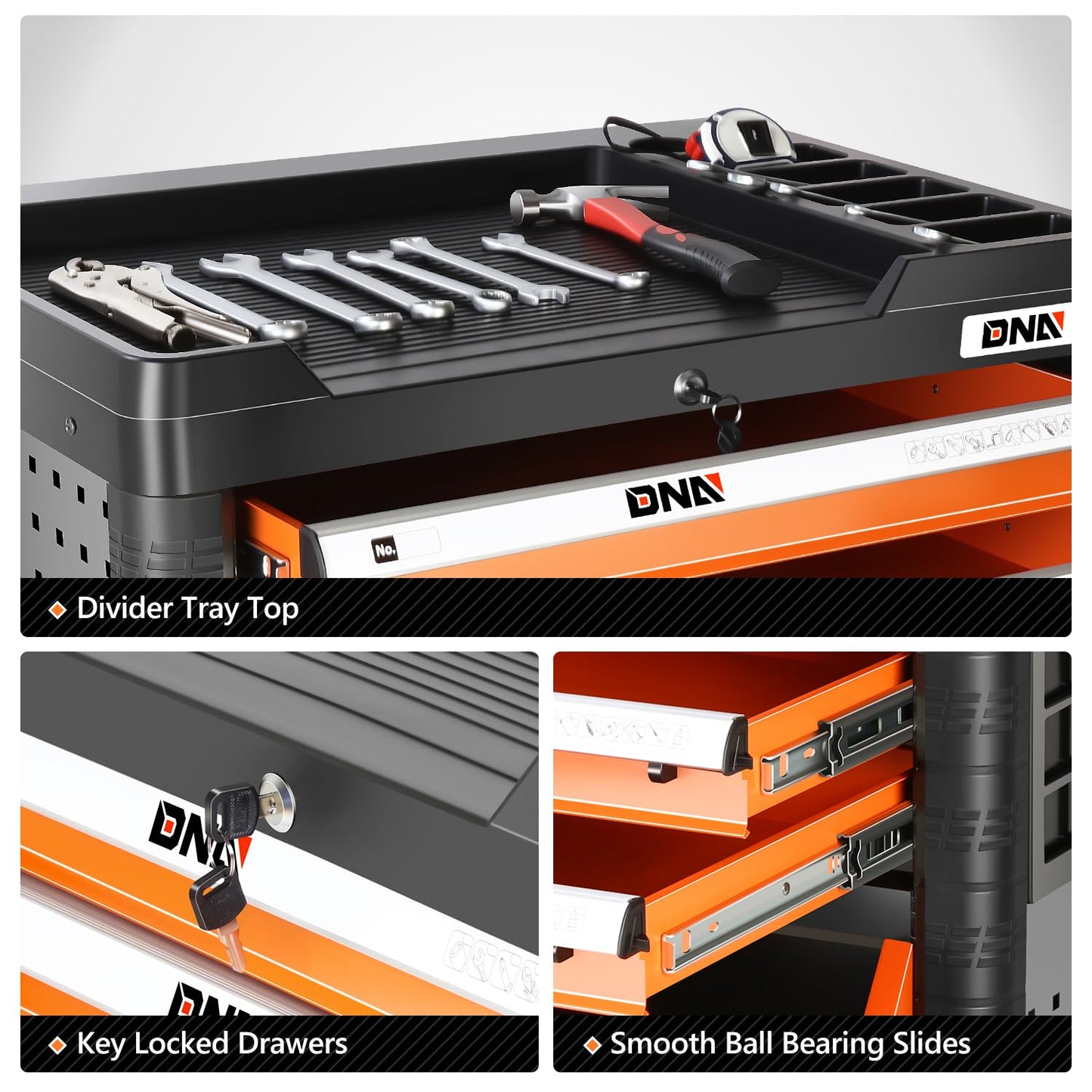 DNA Motoring 4-Drawer Rolling Tools Chest, Rolling Tool Storage Cabinet, Heavy Duty Mechanic Tool Cart, Trolley Organizer for Garage, Warehouse, Workshop, Orange, TOOLS-00402