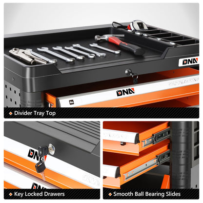 DNA Motoring 4-Drawer Rolling Tools Chest, Rolling Tool Storage Cabinet, Heavy Duty Mechanic Tool Cart, Trolley Organizer for Garage, Warehouse, Workshop, Orange, TOOLS-00402