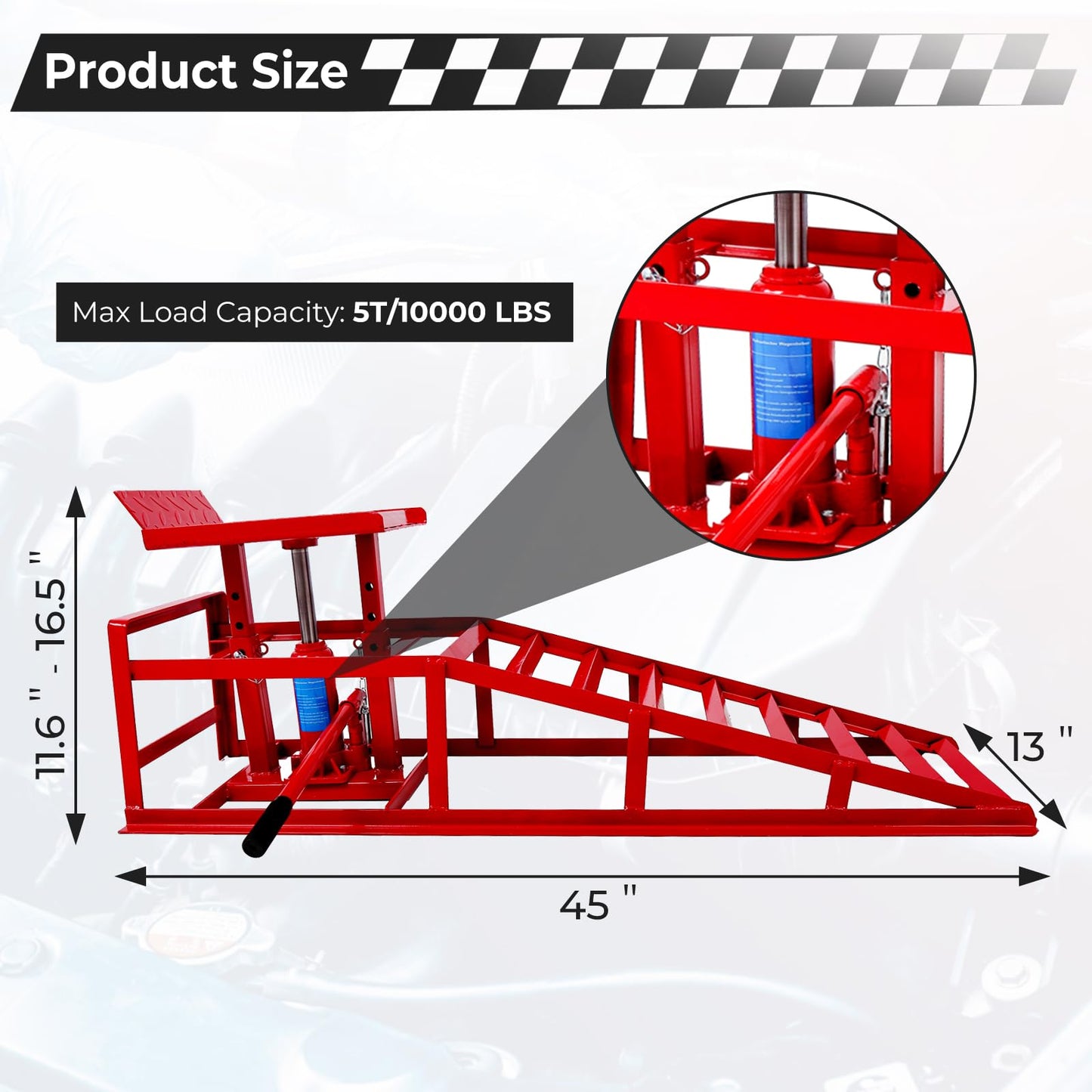 Rovibek Hydraulic Car Ramps 2 Pack, 11000LBS 5THeavy Duty Steel Car Ramps, Automotive Truck Service Ramp High Lift 11.6"-16.5" for Oil Changes Maintenance, Red