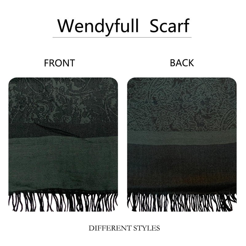 Wendyfull Pashmina Shawls and Wraps w/Fringe Two Tone Vintage Jacquard Paisley Rave Scarf for Weddings Festival (Black)