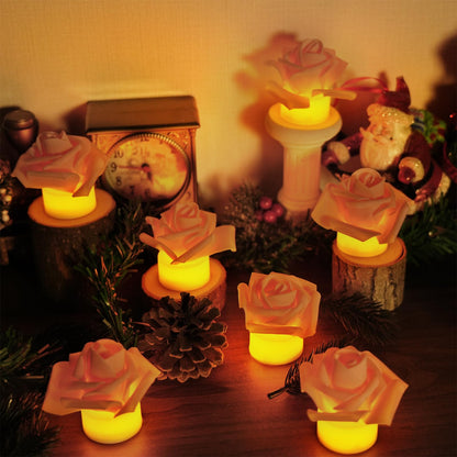 SupBri 12 Pack Led Candles with Artificial Flowers, 200+Hour Battery Operated Tea Lights Candles for Centerpiece Table, Party, Wedding Decorations (Pink)