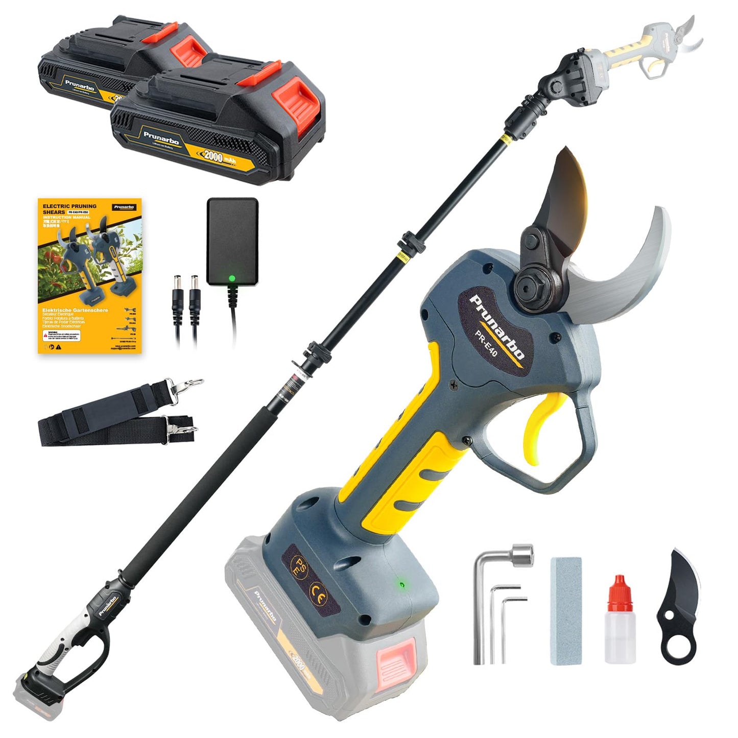 Prunarbo 2-in-1 Pole Pruning Shears Cordless, 40mm Electric Pruner with Extension Pole, Dual Battery, Compatible with Makita battery, 14.7FT High Reach Tree Trimmer, No Ladder Needed for Orchard
