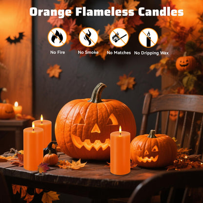 Orange Flameless Candles, Set of 2 7"x3" Flickering LED Candles with Remote & Timer, Dimmable Electric Pillar Candles Battery Operated, Candles Light for Fall Thanksgiving Halloween Decor (Orange)