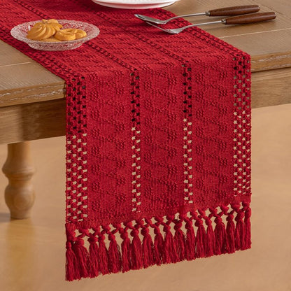 Socomi Boho Table Runner Summer Farmhouse Rustic Dining Kitchen Centerpiece Decor Small Macrame Woven Cotton Linen Coffee Table Runner for Dresser Scarf Home Decor 12x48 in Red