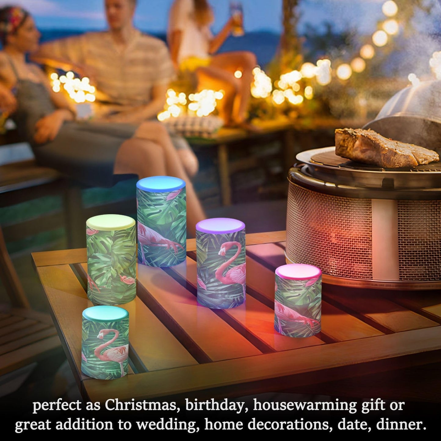 ALAZA Flamingo Palm Leaves Flameless Candles, LED Pillar Candles with Remote Timer, Battery Operated Candles Set of 2
