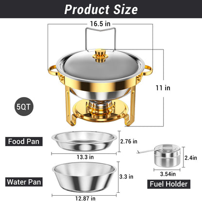 Keyoxy Round Chafing Dishes for Buffet 5 Qt,High Grade Chafing Dish Buffet Set, Full Size Pan,Rolled-Edge Design Food Warmers for Parties,Buffet,Wedding,Birthday,Camping 4 PACK (Gold)