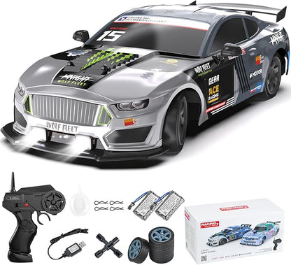 Dollox Remote Control Car 1/16 Scale RC Drift Car 2.4GHz 4WD High Speed 18+KM/H Vehicle with LED Lights and Spray Extra Drifting Tires Racing Vehicle Toys Birthday Gifts for Adults Boys 2 Batteries