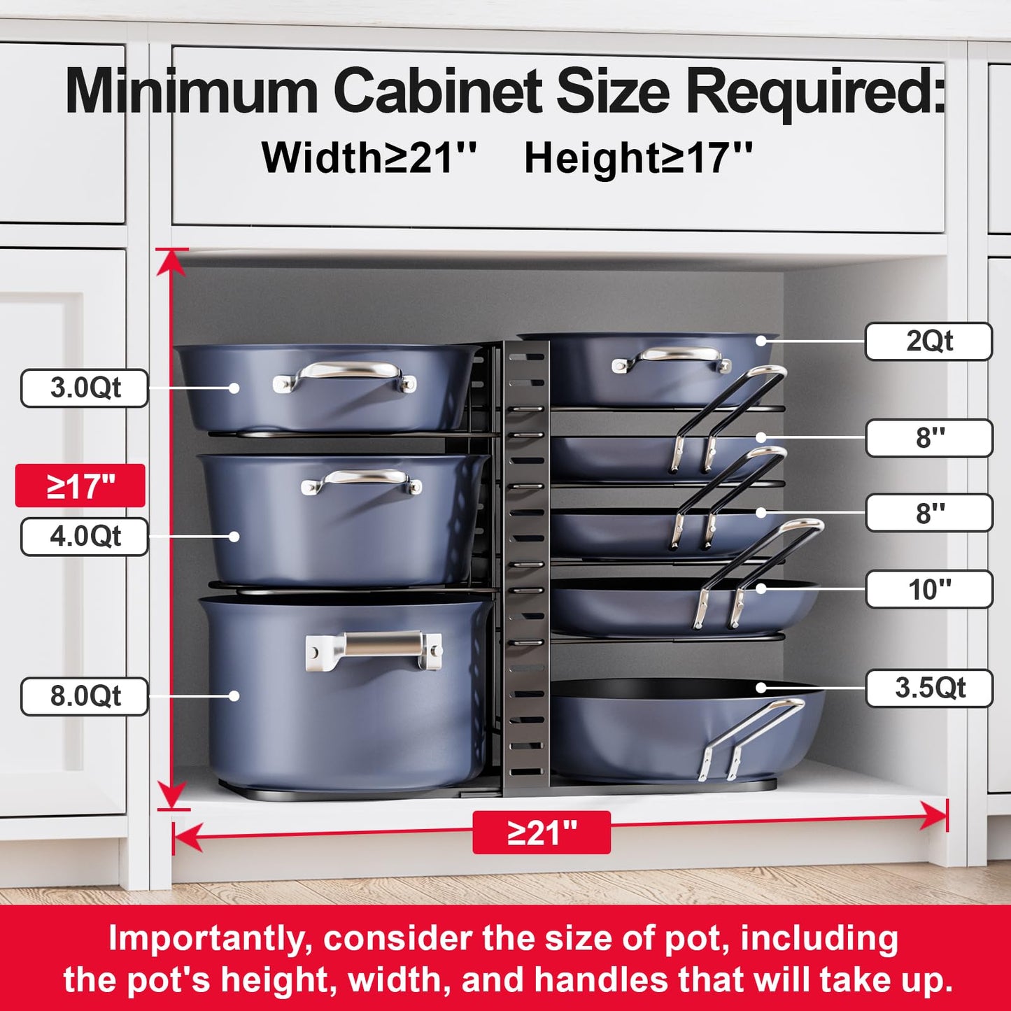 ORDORA Pots and Pans Organizer Under Cabinet 14.55 Height, Adjustable 8-Tier Pot Organizers inside Cabinet, Kitchen Organizers and Storage Fit 6-11 inch Lightweight Cookware