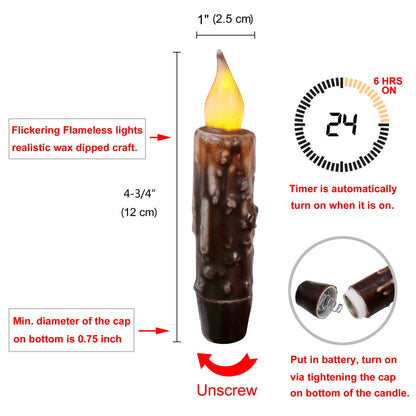 CVHOMEDECO. Real Wax Hand Dipped Battery Operated LED Timer Taper Candles Country Primitive Flameless Lights Décor, 4-3/4 Inch, Brown, 2 PCS in a Package
