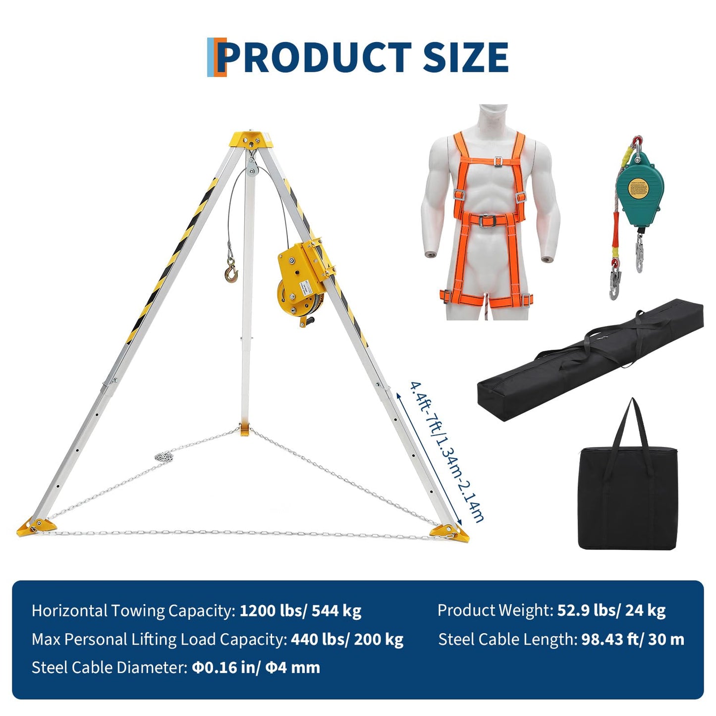 GAOMON Rescue Tripod Kit, Confined Space Tripod Kit, Heavy Duty Rescue Tripod Lifting Hoist 1200 Lbs Winch, 49 ft Cable Portable Kit, for Well, Sewer, Manhole, Tank