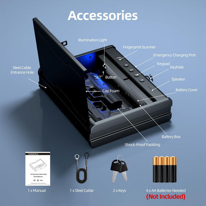 PINEWORLD Gun Safe, Biometric Gun Safe For Handgun, Pistol Safe With Fingerprint Backlit Keypad, Quick Access Handgun Safe for Firearm, Gun Lock Box With Interior Light For Nightstand Car Normal Size