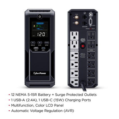 CyberPower CP1500AVRLCD3 Intelligent LCD UPS Battery Backup and Surge Protector, 1500VA/900W, 12 Outlets, 2 USB Ports, AVR, Mini Tower, UL Certified