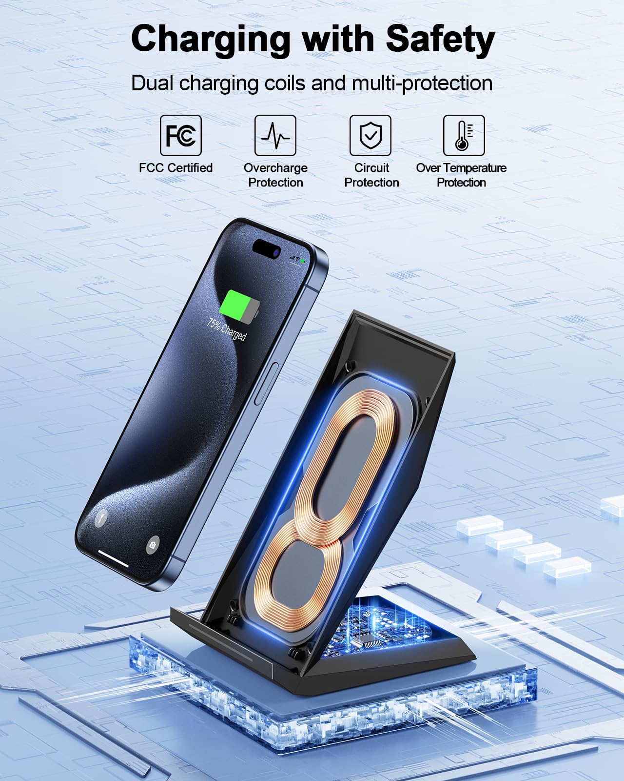 Fast Wireless Charger, NANAMI 15W Qi Certified Wireless Charging Stand Compatible iPhone 17/17 Air/16/15/15 Pro/15 Plus/15 Pro Max/14/13/12, for Samsung Galaxy S25/S24/S23/S22/S21 and Qi-Enabled Phone