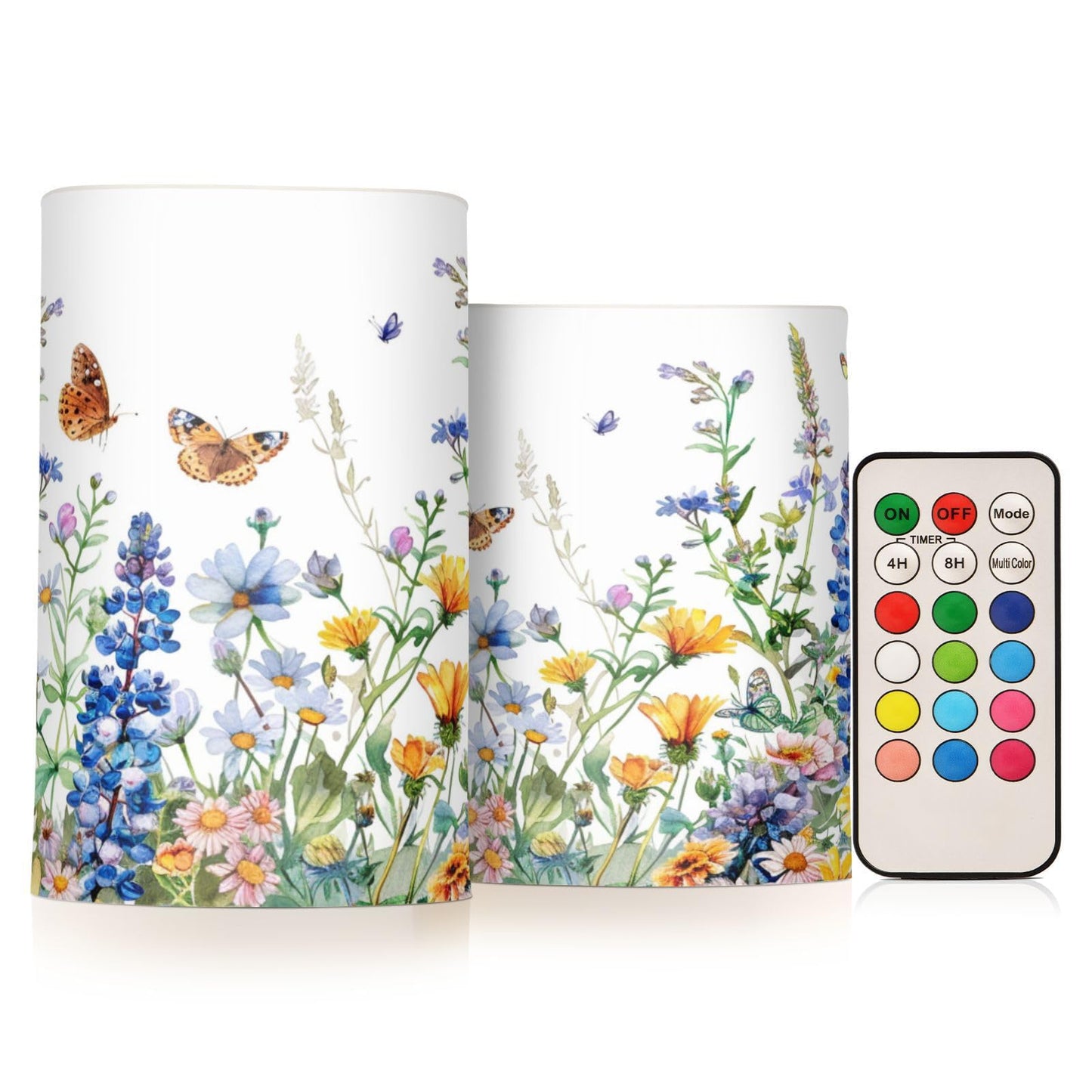 Flower Lights Flameless Candles Watercolor Wildflowers Spring Pillar Candles Set of 2 Battery Operated Remote Control Warm Lights Home Decor