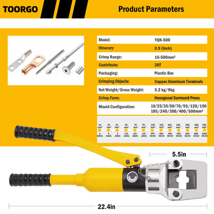 TOORGO Crimping Tool, 6 AWG to 1000 MCM Hydraulic Plier, 20 Ton Copper and Aluminum Terminal Wire Lug Hydraulic Crimper, Crimping Tool Kit with 13 Dies