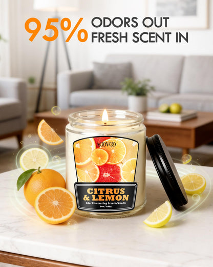 AOOVOO 4 Pack Citrus Lemon Odor Eliminating Candle - Up to 200 Hours Burn time, Eliminates 95% of Pet, Smoke, Food, and Other Smells Quickly, 36 oz Non Toxic Highly Fragranced Air Freshing Soy Candle