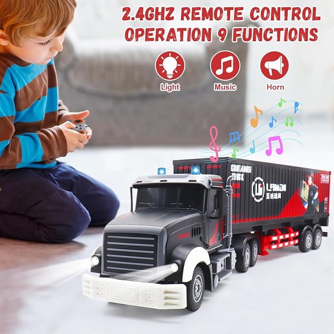 RC Semi Truck 23.6 Inch Remote Control Semi Truck and Trailer Toy Semi Truck Toy 2.4Ghz with Sound and Lights Container 1/24 RC Construction Vehicles Toy for Kids &amp Boys