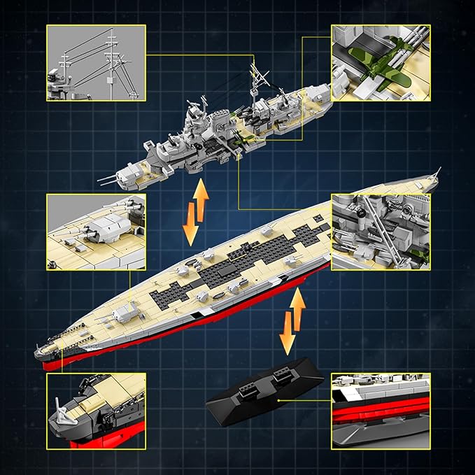 Brihappen Bismarck Battleship Building Block Sets 2686 Pcs MOC Warship Building Toys 31in German WWII Military Theme Boat Model Kit for Collection and Display Gift for Military Lovers