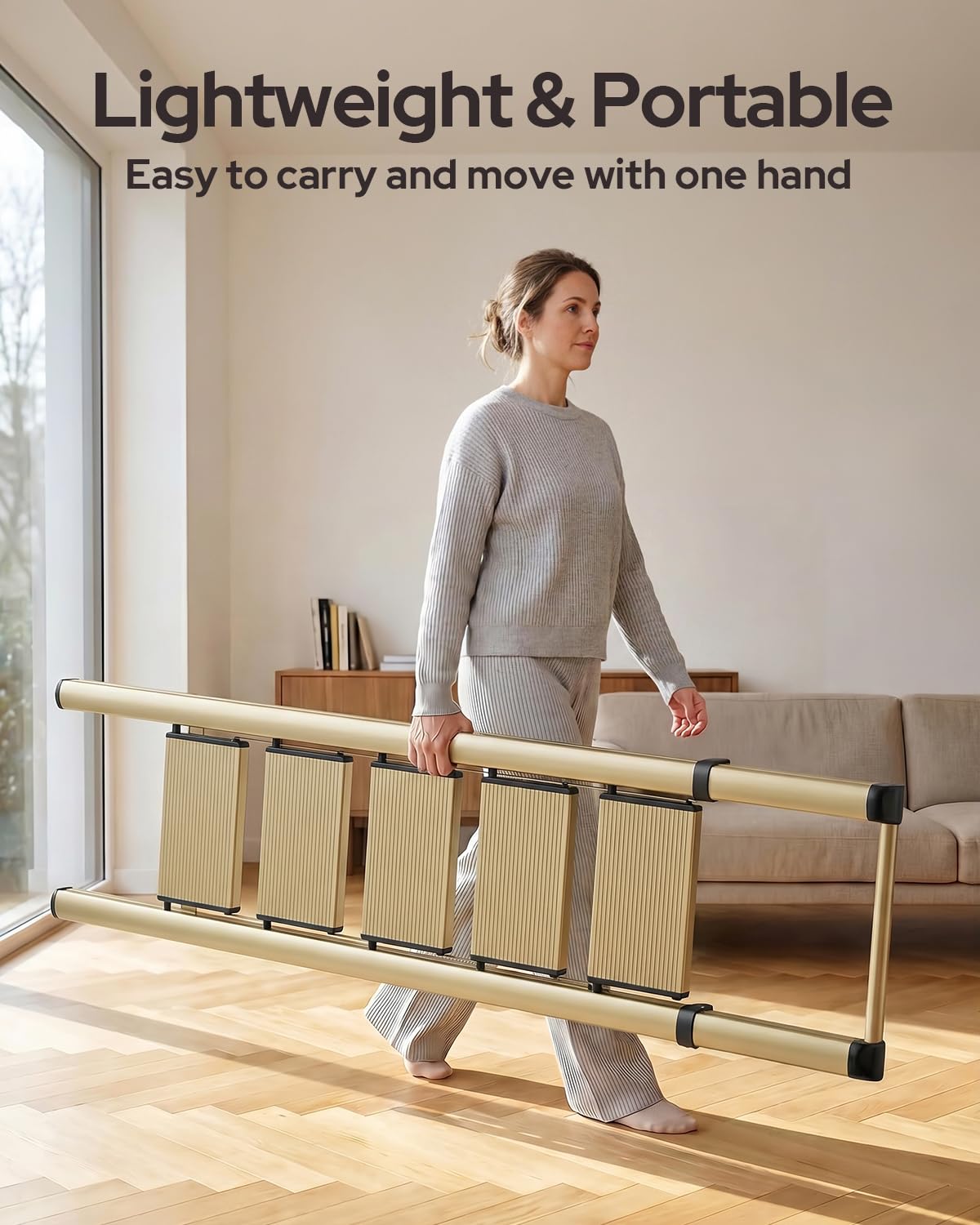 GameGem 5 Step Ladder for 10 Feet High Ceiling, Lightweight Aluminum Folding Step Stool with Convenient Handgrip, Stepladders with Anti-Slip and Wide Pedal for Home Use Space Saving - Gold