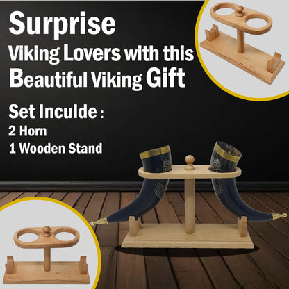 Galaxy Indiacraft Viking Drinking Handmade Natural OX Horn | Tankard | Mug | Cup for Ale, Beer, Mead, Wine | 12 to 15 Inch | 100% Leak Free | with Beautiful Wooden Stand (Set of 2)