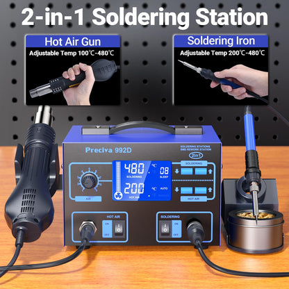 Preciva 992D 2-in-1 Soldering & Hot Air Rework Station with LCD Display – PID Temperature Control, Auto/Manual Hot Air Mode, Sleep Function for Iron, SMD Rework, Electronics Repair (750W)