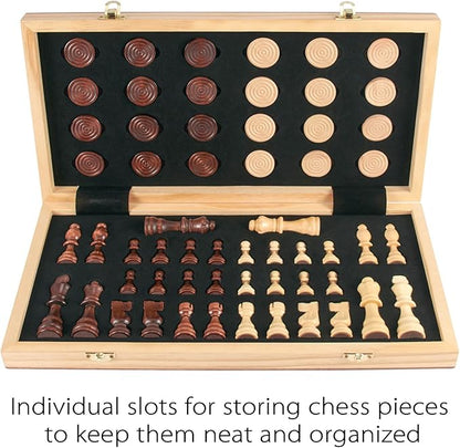 AMEROUS 15'' Wooden Chess &amp Checkers Set 2 in 1 Board Games -2 Extra Queens -24 Cherkers Pieces - Gift Box Packed - Chessmen Storage Slots Beginner Chess Set for Kids and Adults