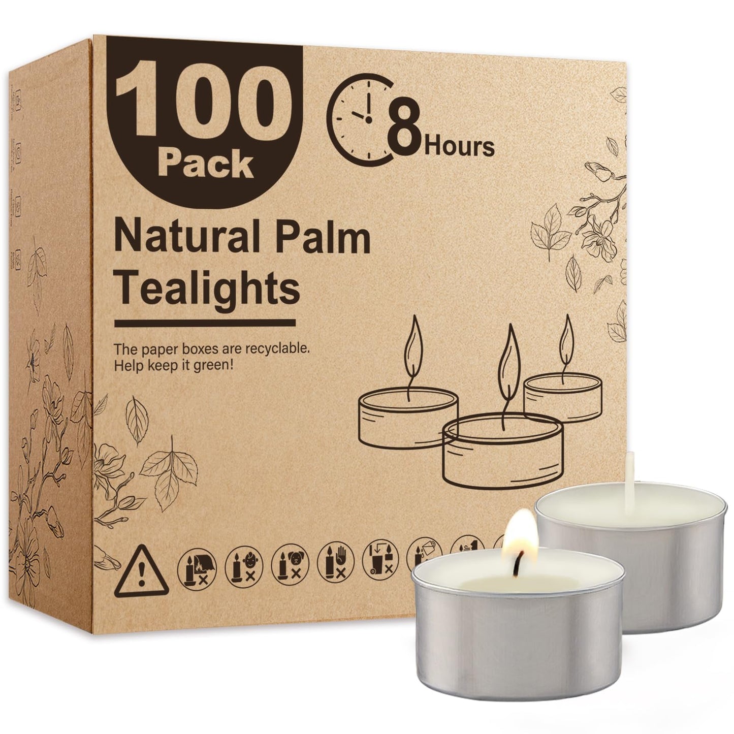 Ashlux Unscented Palm Tea Lights Candles 100 Pack Bulk, 8 to 9 Hours Long Burning White Tea Lights,Non-Paraffin, Smokeless, Mini Tealight Candles for Wedding, Table Centerpiece, Party, Power Outages