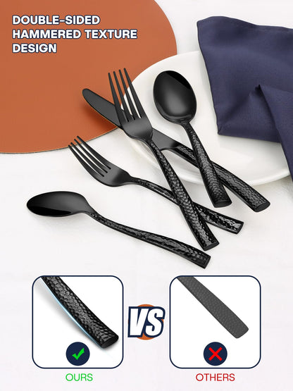 Stapava 40 Pcs Black Hammered Silverware Set, Stainless Steel Flatware Set for 8, Mirror Polished Cutlery Include Forks Spoons and Knives set for Home Hotel, Dishwasher Safe Utensils