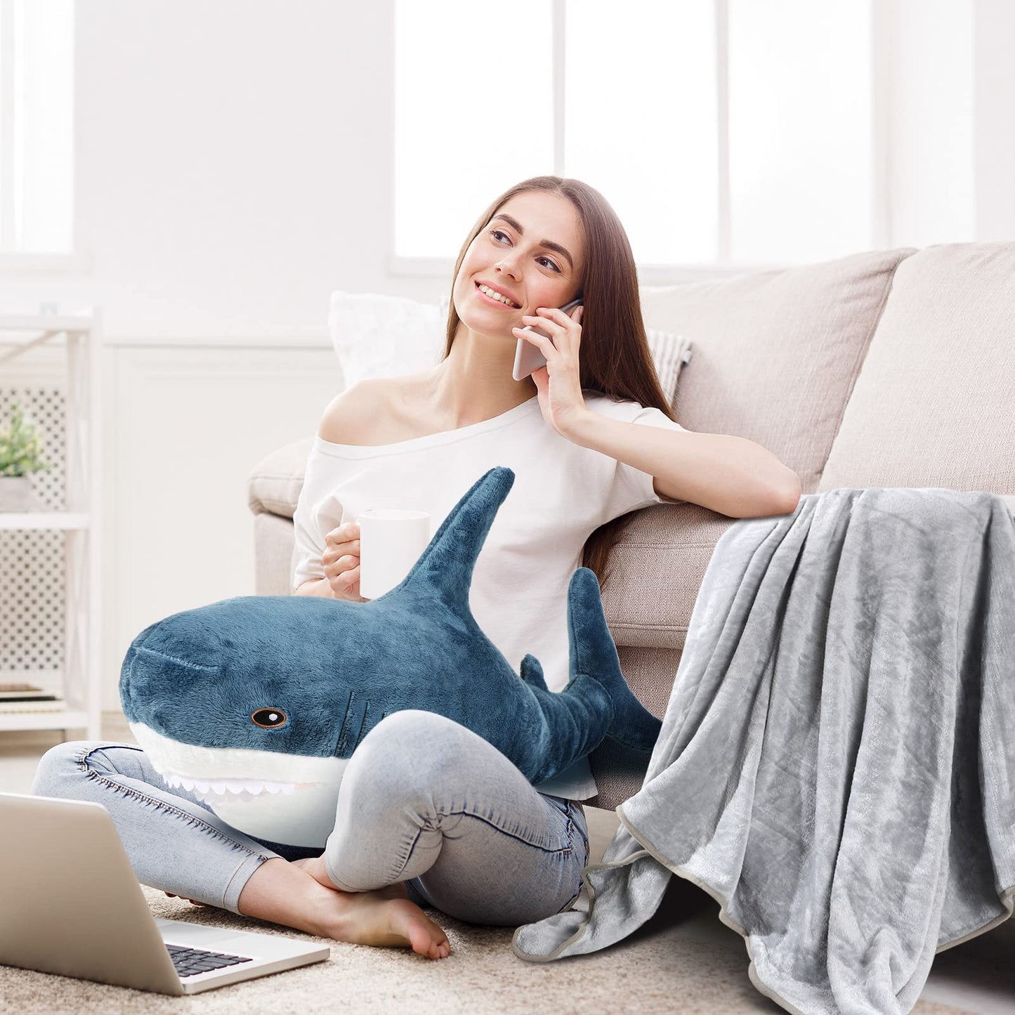 HyDren Shark Stuffed 2 in 1 Plush Toys Animal Shark with Blanket 32 Inch Giant Big Large Stuffed Pillow Blanket Soft Doll for Baby Toddlers Kids Boys Girls Women Home Room Decor Gifts(Dark Blue)