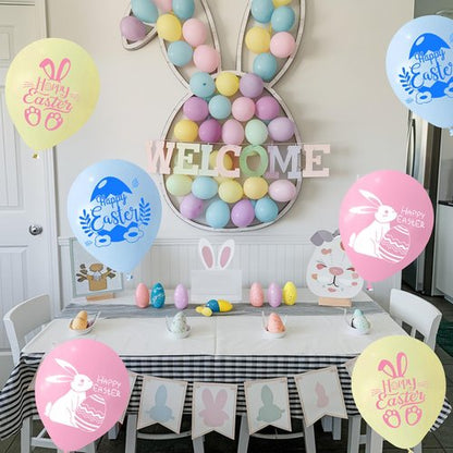Happy Easter Balloons, 60Pcs 12 Inch Pastel Light Pink Blue Blue Cute Bunny Spring Easter Eggs Party Balloons for Kids Girl Boy Cute Egg Easter Spring Birthday Party Baby Shower Decorations