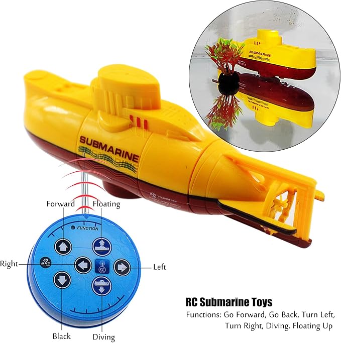 Tipmant Mini RC Submarine Toy Remote Control Boat Underwater Electric Diving Water Fish Tank Kids Birthday Gift (Yellow)