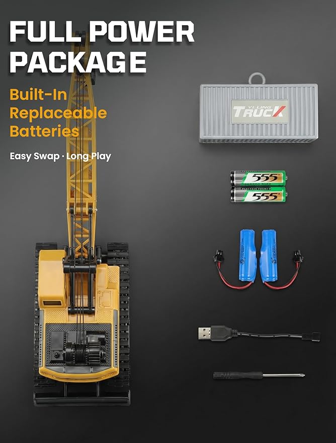 RC Grane Toy Metal Hook with 4*Battery Set for Boys Professional 11-Channel Remote Control Construction Vehicle Grane Container Included for Kids