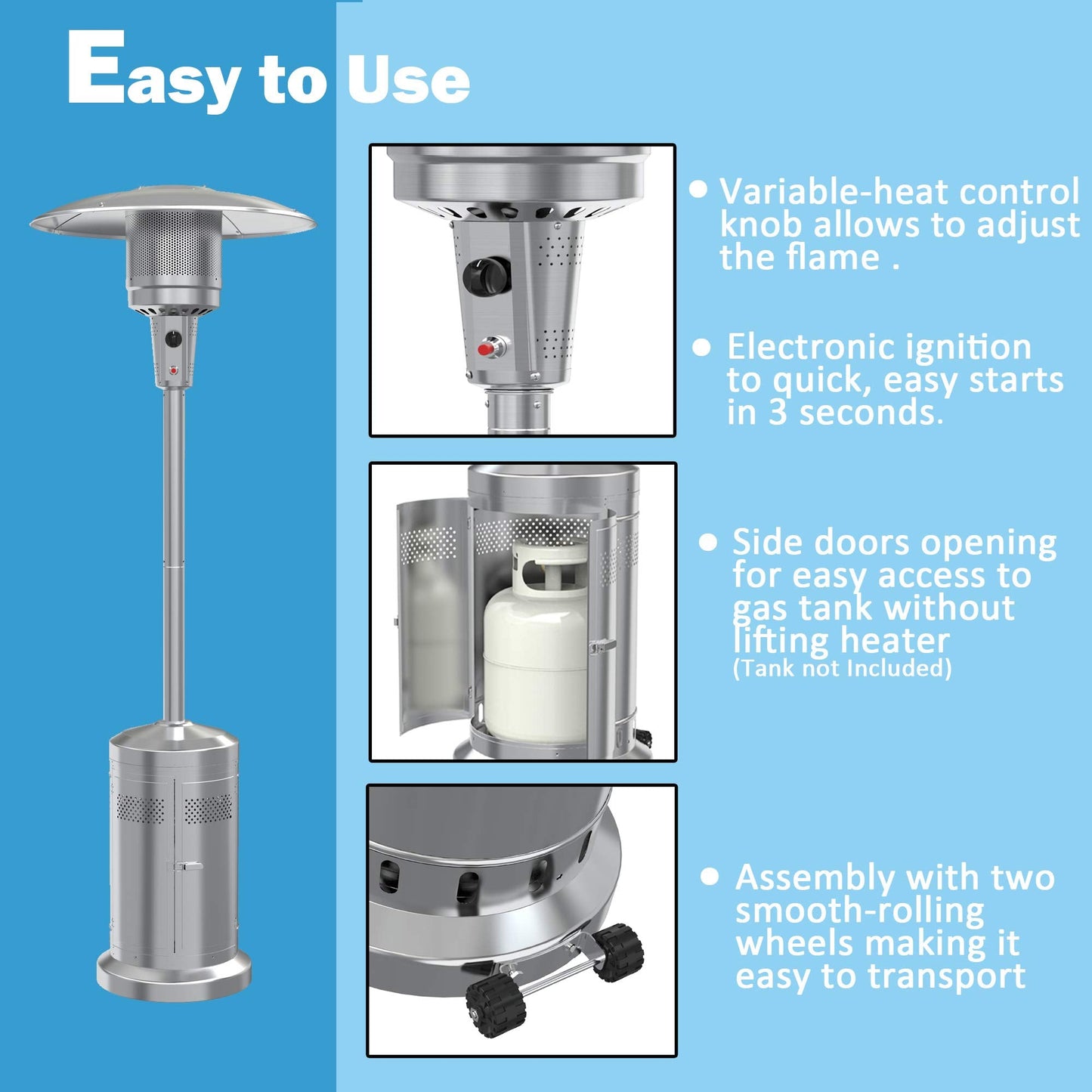 Gas Patio Heater with Wheels And Cover，48,000 BTU of Outdoor Portable LP Propane Commercial Heater ，automatically shuts off gas flow,with CSA Certified for Garden