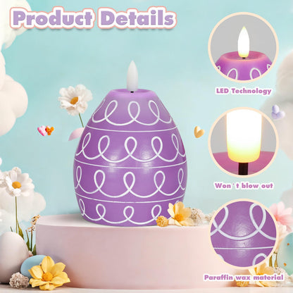 Leorate 3PCS Easter Egg Flameless Candles – 5.2" Battery Operated LED Egg Candles with White Wave Pattern, Green Purple Pink Real Wax Finish, Flickering Flame for Easter Table Centerpiece Spring Home