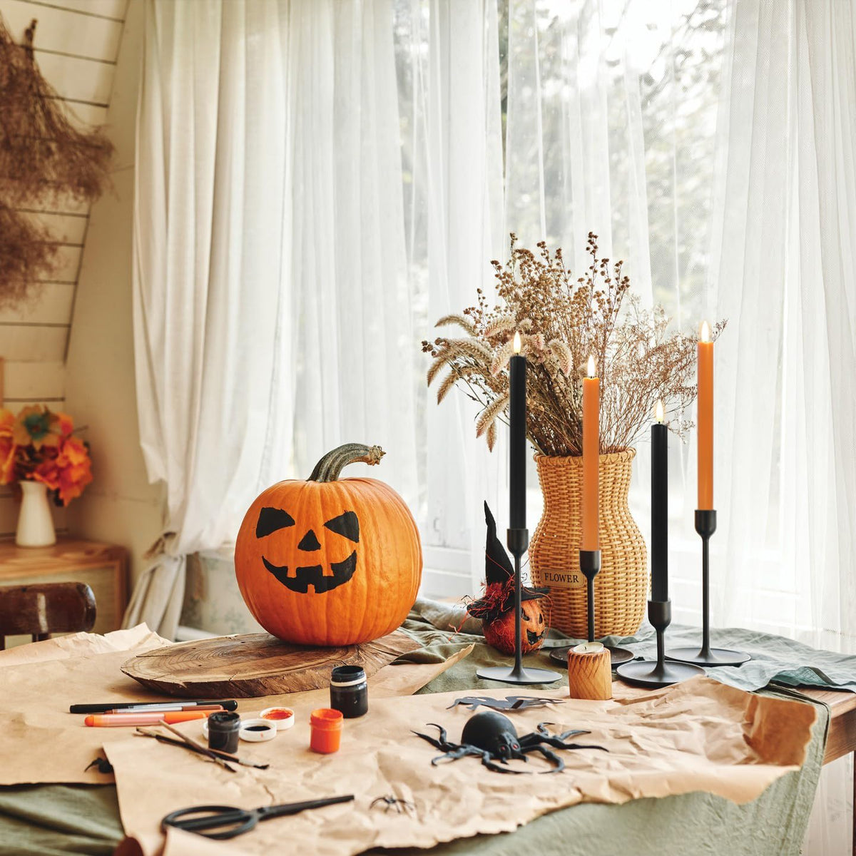 Stmarry Orange and Black Flameless Taper Candles with Remote - 10 Inch LED Candlesticks Flickering, Realistic 3D Flame with Wick, Warm White Light, Home Halloween Decor, Timer - Set of 6