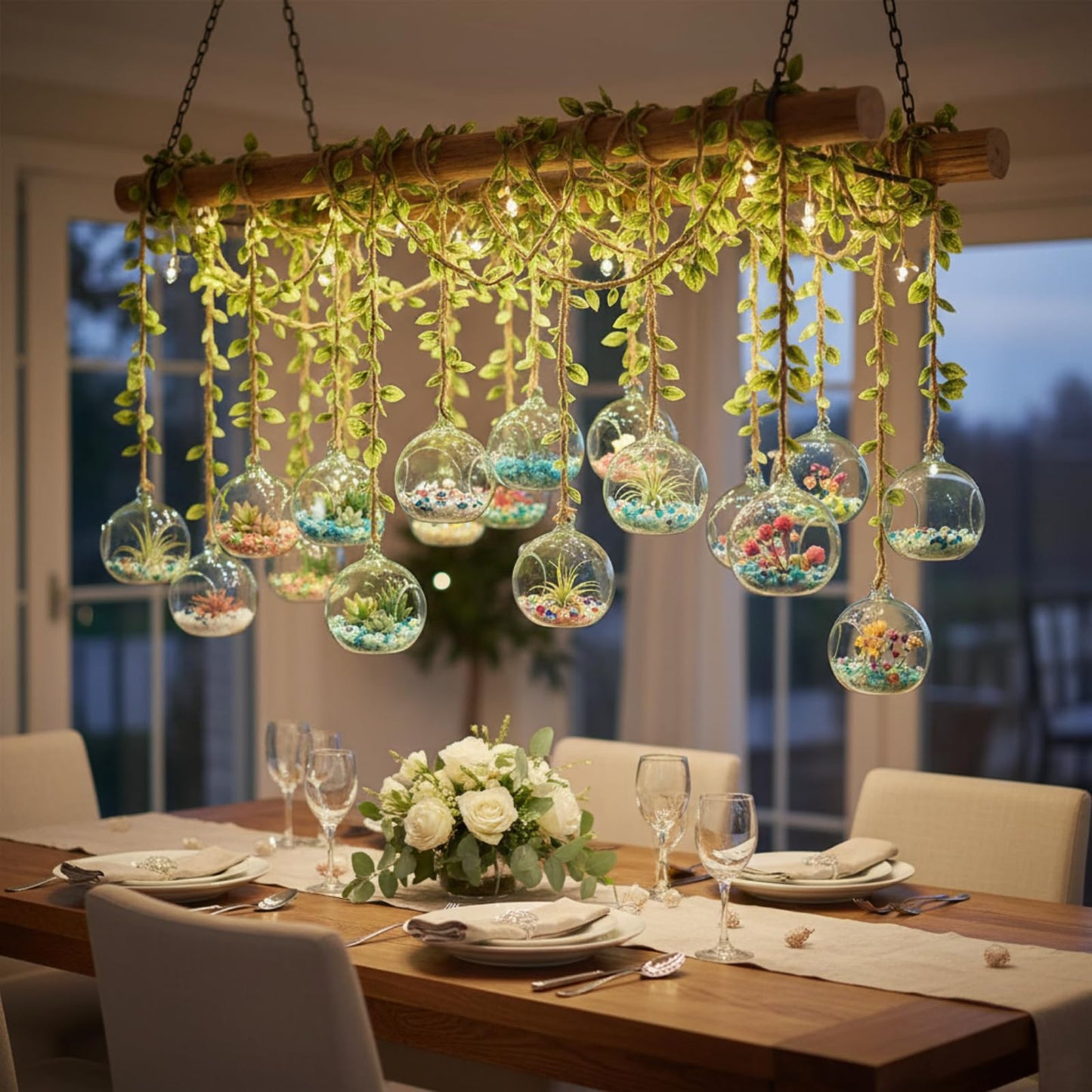GlikCeil 26 Pcs 3.15'' Hanging Glass Candle Holder with Burlap Leaf Ribbon, Glass Orbs Air Plants Tea Light Candle Holders, Globe Plant Terrariums for Decor Indoor Outdoor Garden DIY (Green)