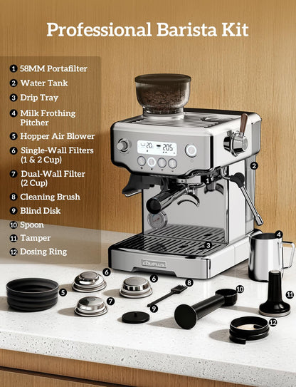 COUPLUX Espresso Machine with Grinder, 205℉ MAX Temp Control Expresso Coffee Machines 58MM Professional 15 Bar Espresso Maker with Milk Frother Steam Wand Perfect Americano Cappuccino & Latte for Home