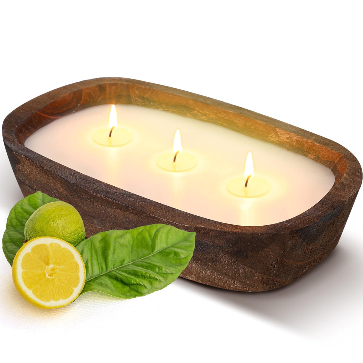 Threlaco 1 Pack 10 Inch Wood Dough Bowl Candles Home Rustic Dough Bowl Soy Candle 3 Wick Scented Candles Gifts for Men Women Farmhouse Table Centerpiece Home Decor for Christmas(Lemon Basil & Citrus)