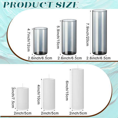 Shihanee 36 Pcs Pillar Candles and Glass Cylinder Vases Tall Cylinder Holders for Pillar Candles Wedding Centerpieces, Total 18 Sets(2.6'' X 4.7'', 5.9'', 7.9'',Smoke Gray,White)