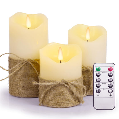 Homwamee Flameless Candles with Remote Timer-3D Flickering Hemp Rope LED Candles Set of 3(4”/5”/6”, Battery Powered for Home/Wedding/Party/Table Decorations