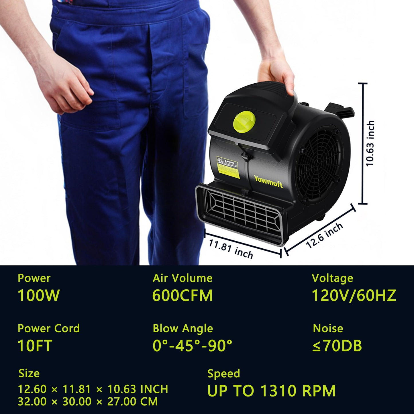 YOWMOFT Air Mover, Powerful 100W Carpet Dryer for Cooling, 550 CFM Floor Drying Fan with 4-Speed & 3 Blowing Positions, Floor Blower For Janitorial, Plumbing, Home, Commercial, Industrial Use