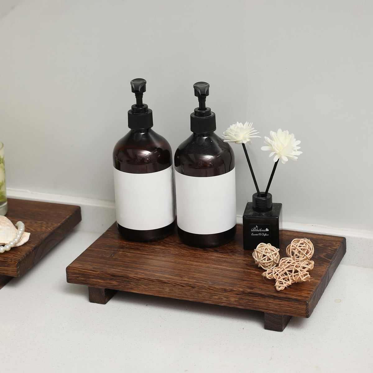 (12 x 7 Inch) Wood Riser Soap Tray, Farmhouse Wood Pedestal Stand for Kitchen Counter Sink, Rustic Wooden Riser Decorative Bathroom Counter Dishes Plant Bottles Candles Display