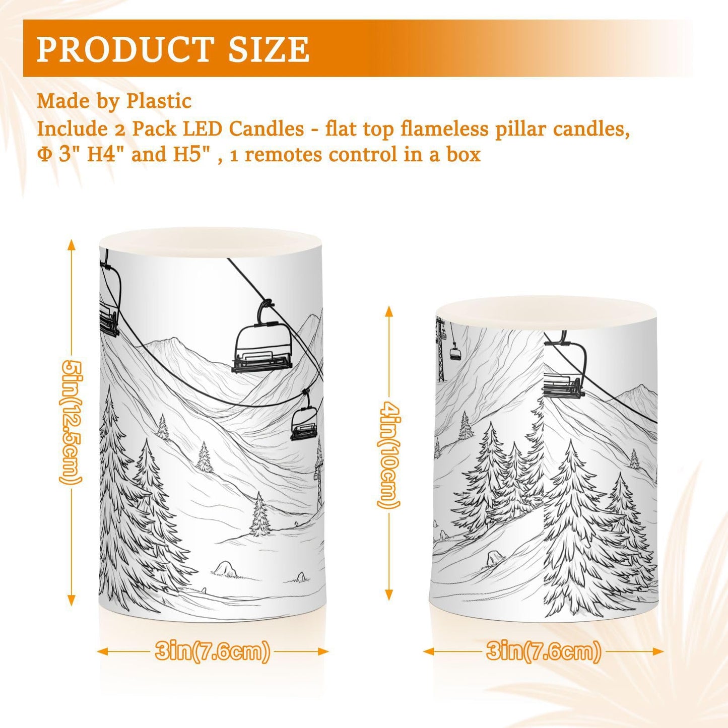 ALAZA Mountain Ski Lift Sketch Flickering Flameless Candles Battery Operated with Remote Timer,Tea Light Candles LED Pillar Votive Candles Set of 2 for Outdoor Indoor Decorations