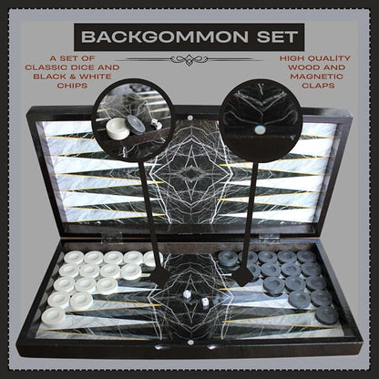 Park&ampOz Premium Turkish Backgammon and Checkers Set 19 Inch Handmade 2 in 1 Wooden Board Game with Glossy Finish Luxury Checkers and Dice Travel Friendly and Foldable (Black Marble)